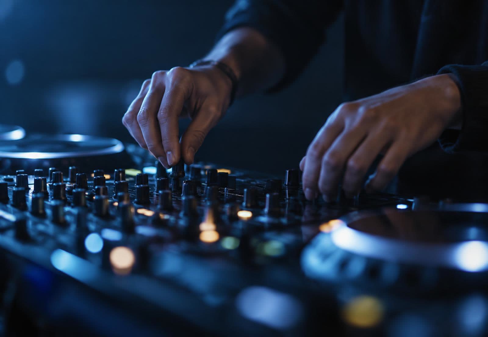 Nærbillede af hænder på en DJ-mixer